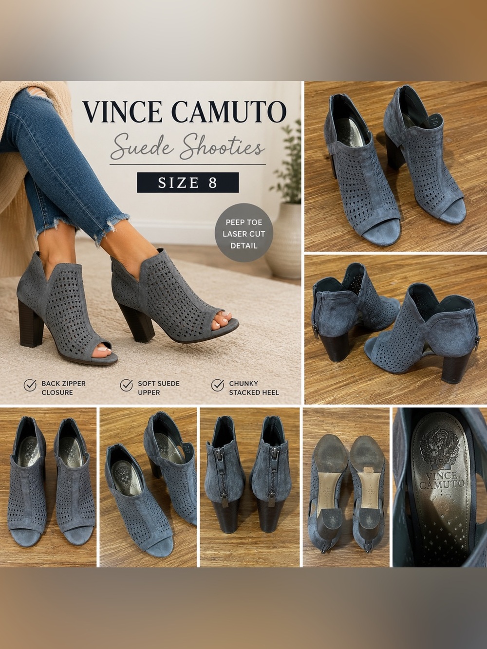 Vince Camuto Gray Suede Peep Toe Laser Cut Shooties Booties Size 8